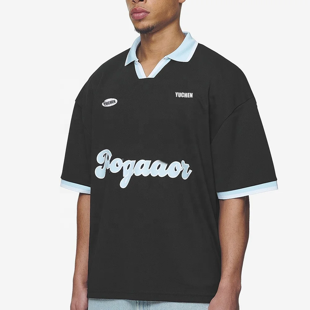 Custom Reverse Collar Short Sleeve Polo Shirt Double Sleeves Graphic Print Contrast Trims Embroidery Patch Boxy Shirt Men