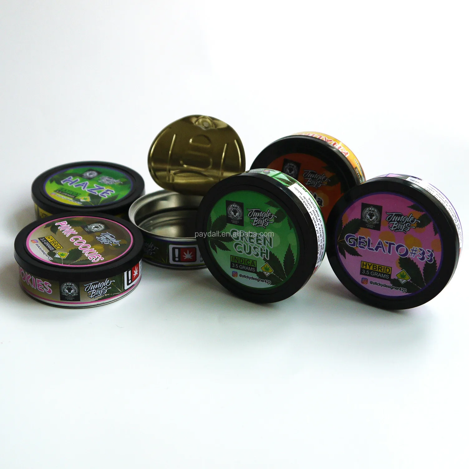 
3.5g ring pull hand sealable lid aluminum tin can and plastic lid-pressitin tin cans with dry herb labels Pressitins /Tuna tin can/Self seal ring pull can&nbsp;