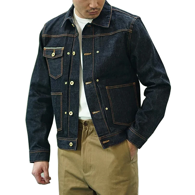 Male Vintage Heavy Washed Streetwear Boy Motorcycle Dark Blue Cowboy Coat Denim Jacket for Men