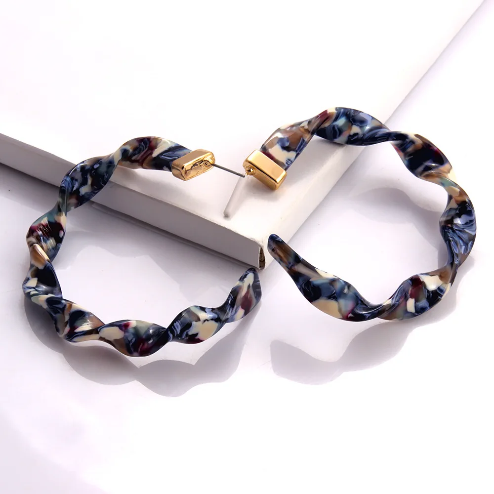 Fashion Women Jewelry Exaggerated Twist Spiral C shaped Tortoise Shell Resin Large Size Acrylic Acetate Stud Pin Hoop Earrings