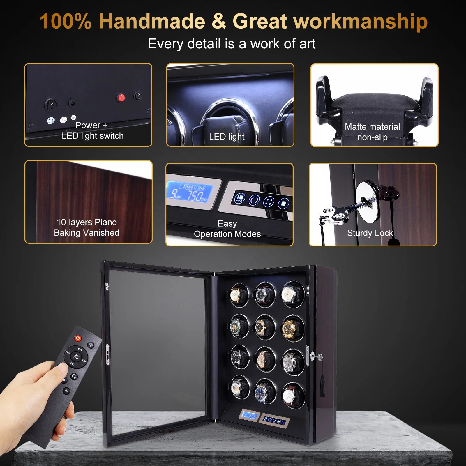 Custom Color LCD Touch Screen Remote Control 12 Slots LED Gyro Mainspring Automatic Watch Winder  8+