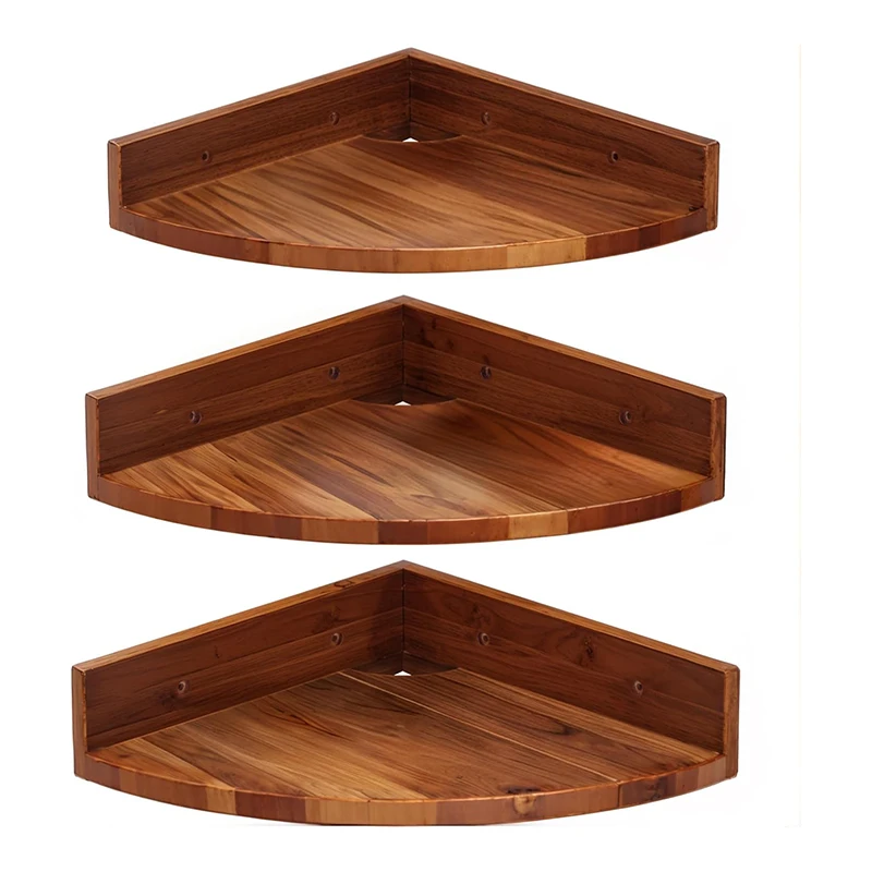 Wholesale Set of 3 Acacia Wood Wall Mounted Corner Storage Shelf Floating Shelves for Living Room Bedroom Bathroom Kitchen