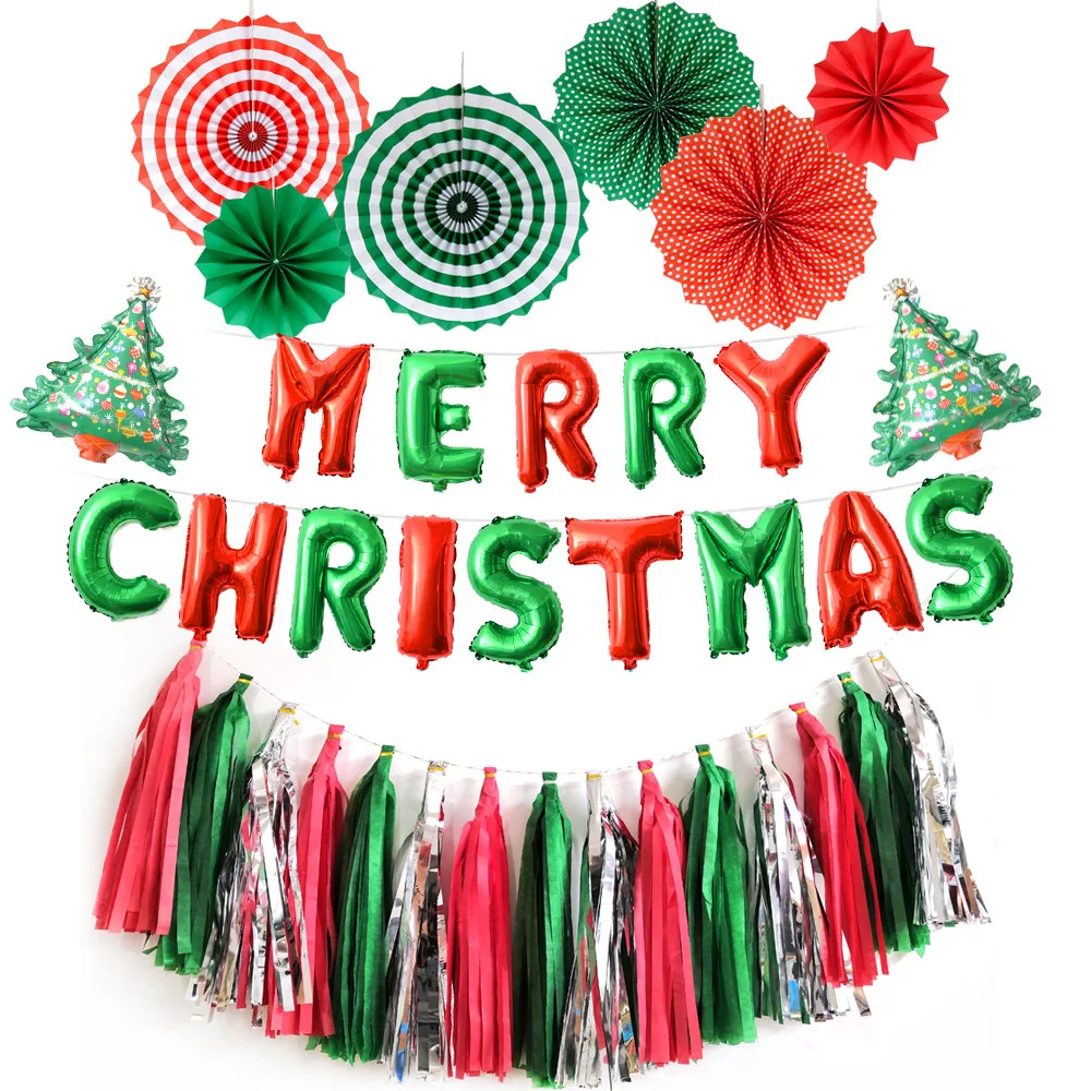 Wholesale Christmas Party Supplies Red Green Paper Fan Flower Merry Christmas Letter Balloon Tassel Set
