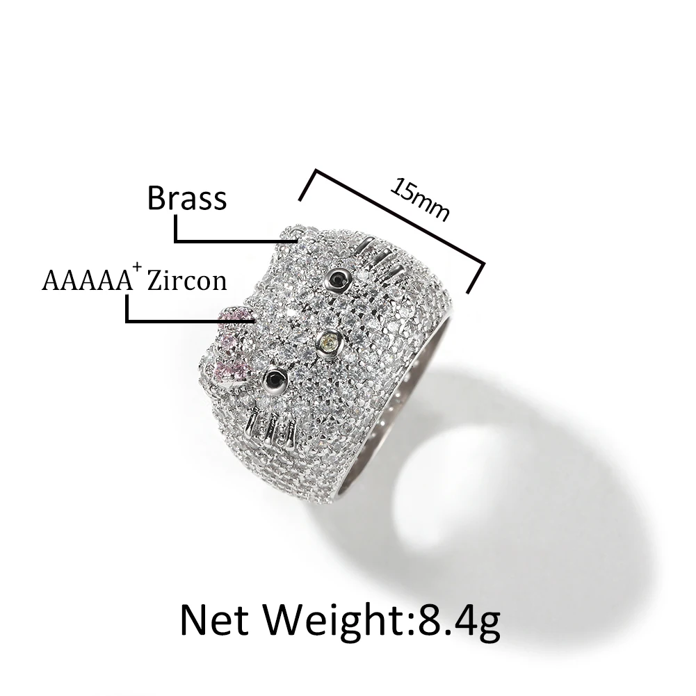 Sanrio Cartoon HK Cat Rings with Cat Face Ring Women 18K Gold Plated Iced Out 5A CZ Y2K Cute Jewelry Girls Ring