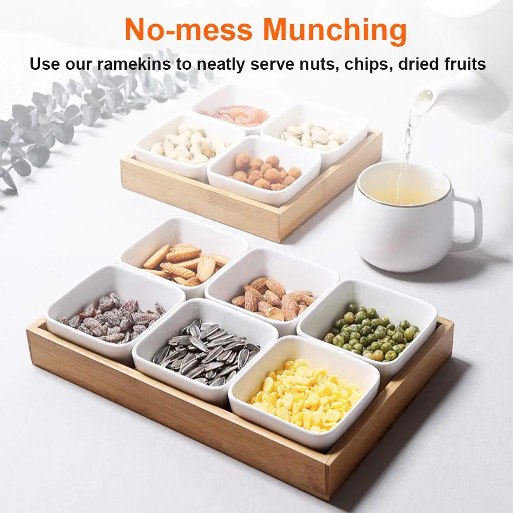 Белые фарфоровые миски для закусок, бамбуковые сервировочные подносы, подносы для ланча, сервировочная посуда, тапас, орехи, оливки