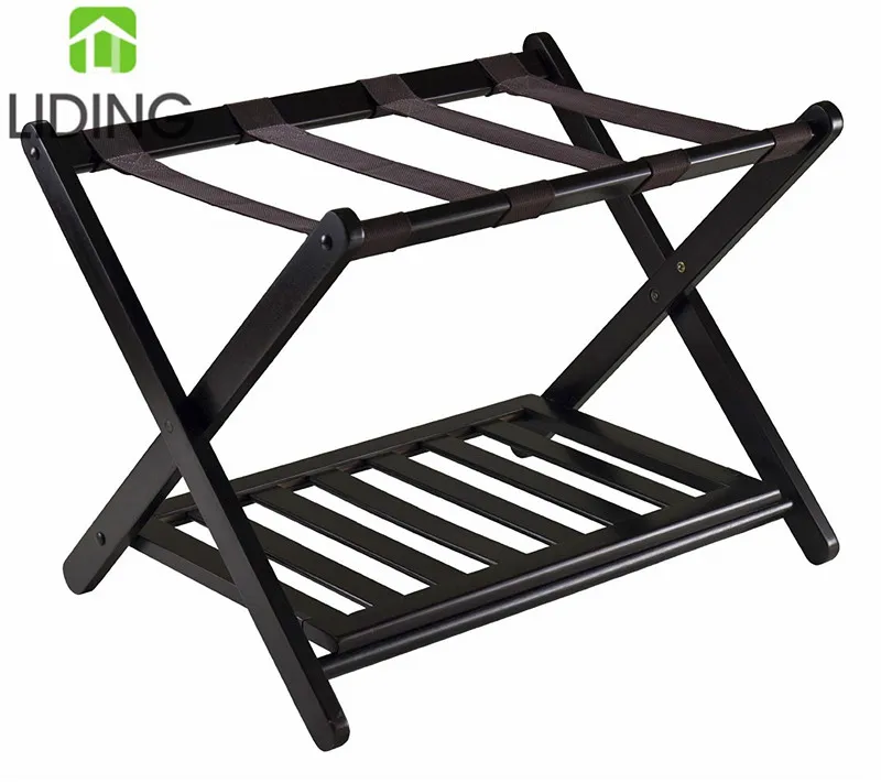 Foldable Luggage Rack with a Lower Shelf Hotel Room Bamboo Folding Luggage Storage Standing Rack