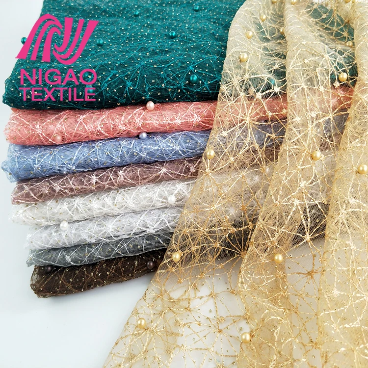 Custom pattern 3D beaded embroidered fabric glitter tulle mesh fabric lace fabric  for evening dress