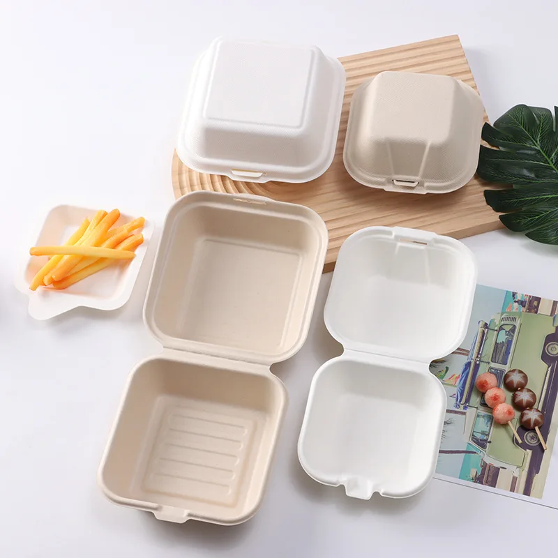 Disposable Burger Take Out Lunch Box Biodegradable Sugarcane Bagasse Hamburger Clamshell and Box