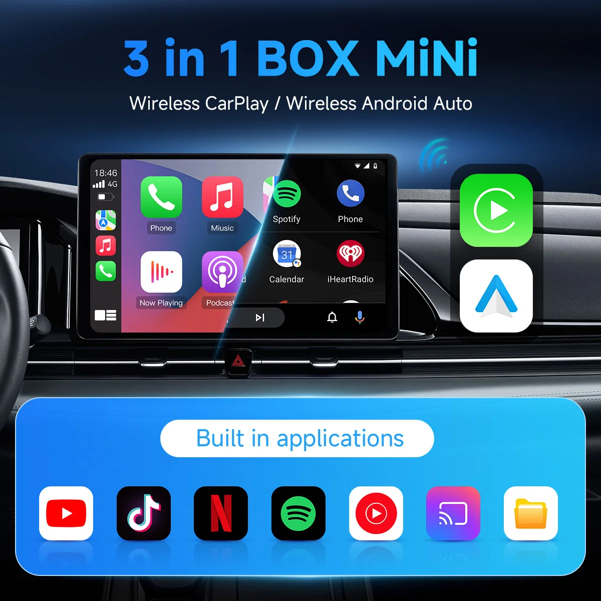 2024 the Magic Box Wireless CarPlay Android AUTO Multimedia Video Box 4G Cellular,QCM6125,8 core Android 13,Built-in Navigation