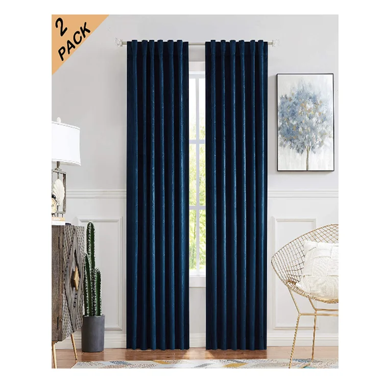 Blue Velvet Window Curtain Room Darkening 90% Blackout Panels Rod Pocket Back Tab Geometric Embossed Weave Drapes