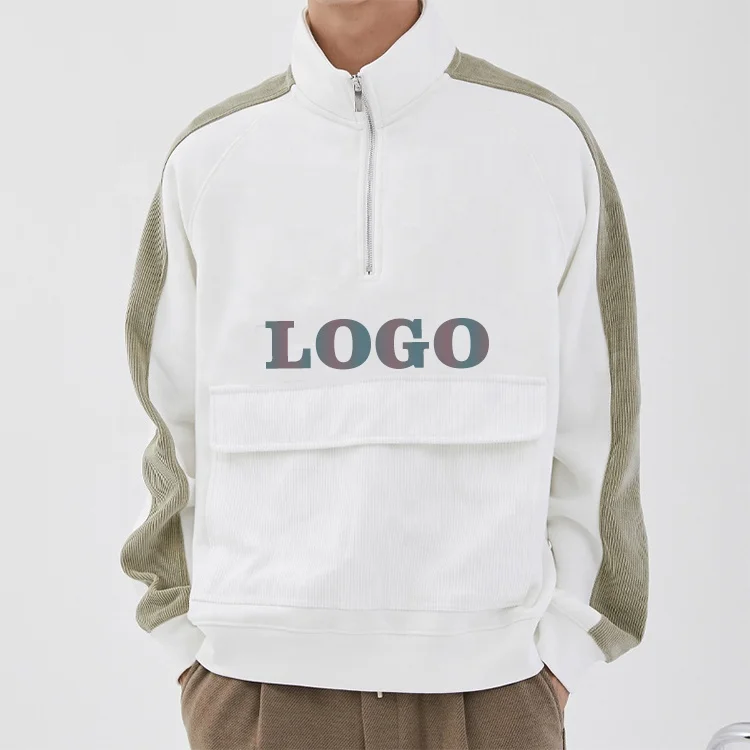 wholesale custom logo pockets design heavy weight hoodies zip fly crew neck men patchwork reflective corduroy sweatshirt