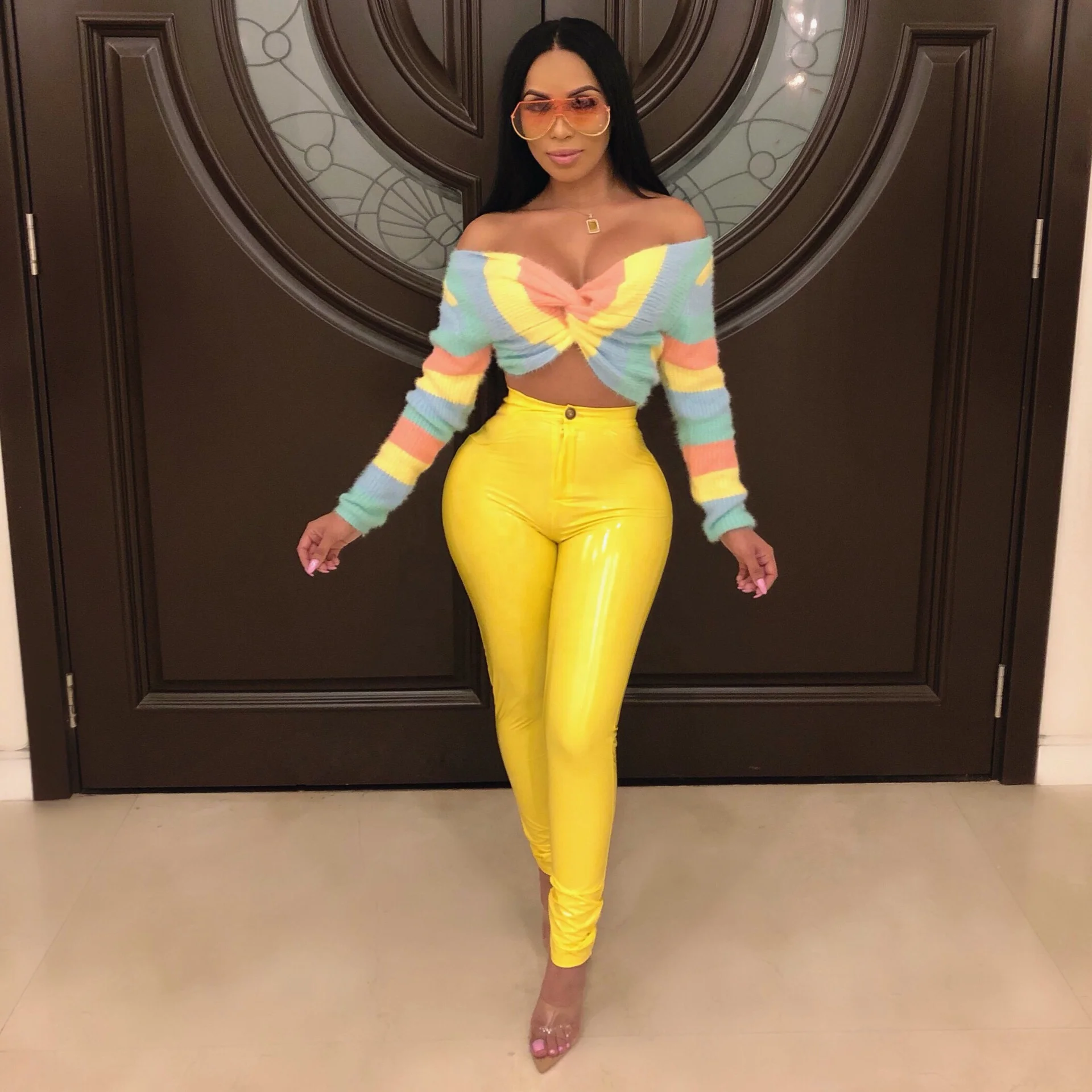 2019 New Arrivals Fashion Women Plus Size Mid Waist Solid Color Skinny PU Leather Pants