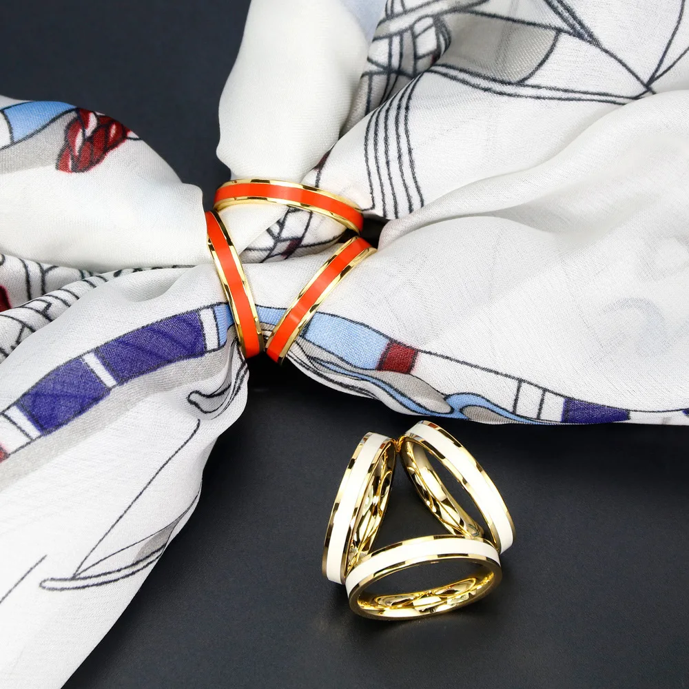 Wholesale Customized Stainless Steel Gold Plated Enamel Scarf Clips Three Circles Scarf Buckle Ring for Silk Scarf Hijab
