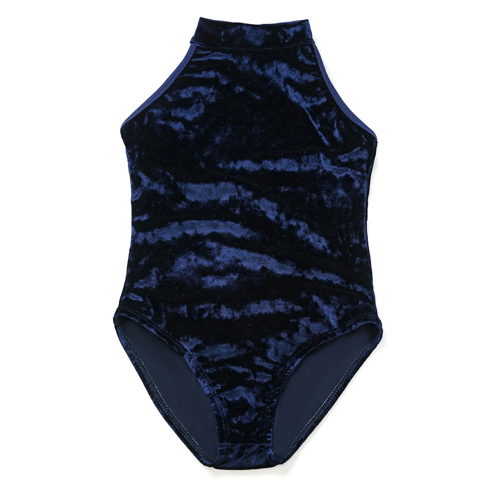 Custom colors logo good quality royal red blue high neck diamond velvet dance training wear ballet leotards for girls