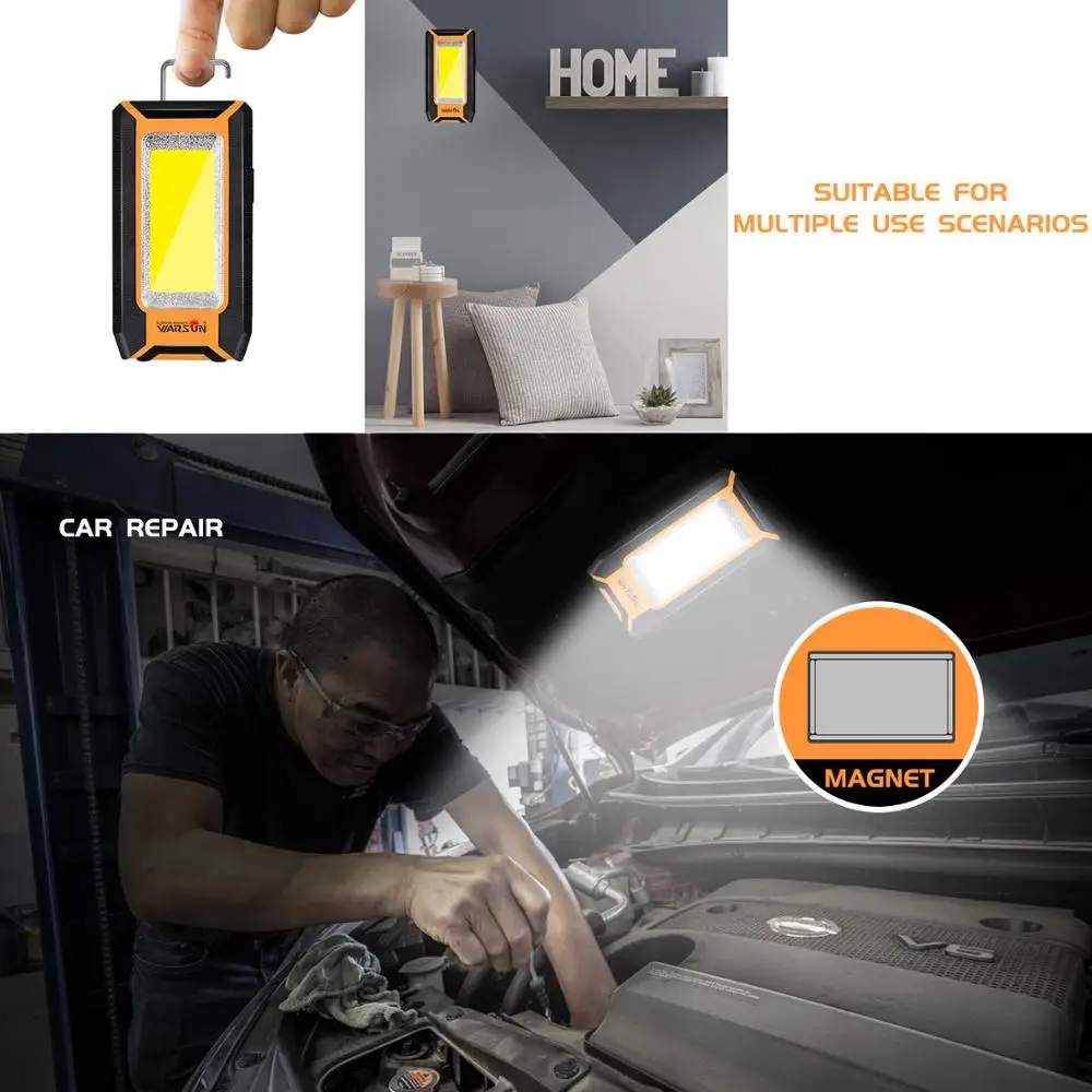 WARSUN Y39 outdoor portable LED car inspection light hook work lamp USB COB rechargeable work light with magnet