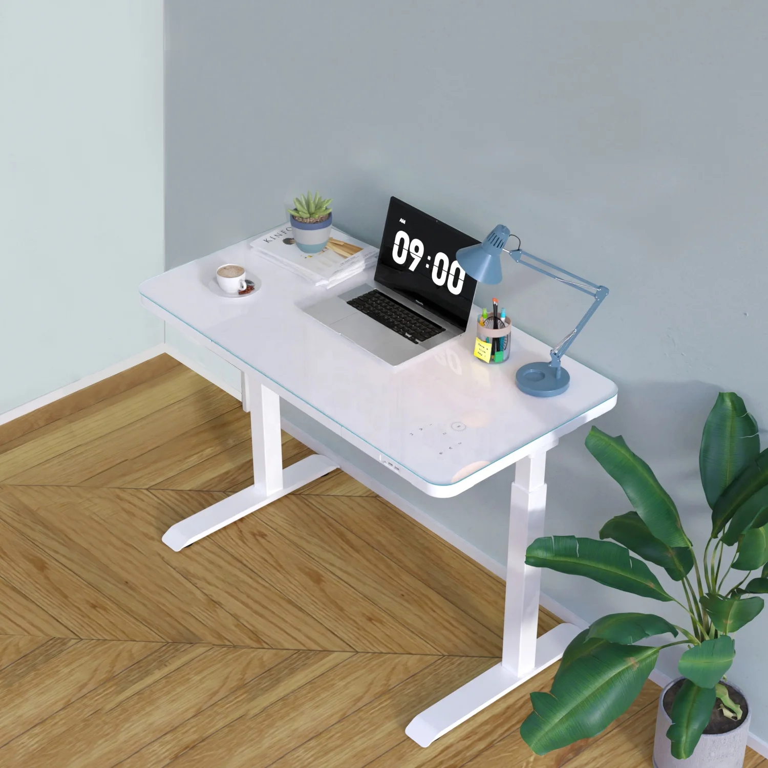 Escritorios Home Office Electric Sit Stand Computer Lifting Table Glass Top Height Adjustable Standing Desk with T-Touch Drawer