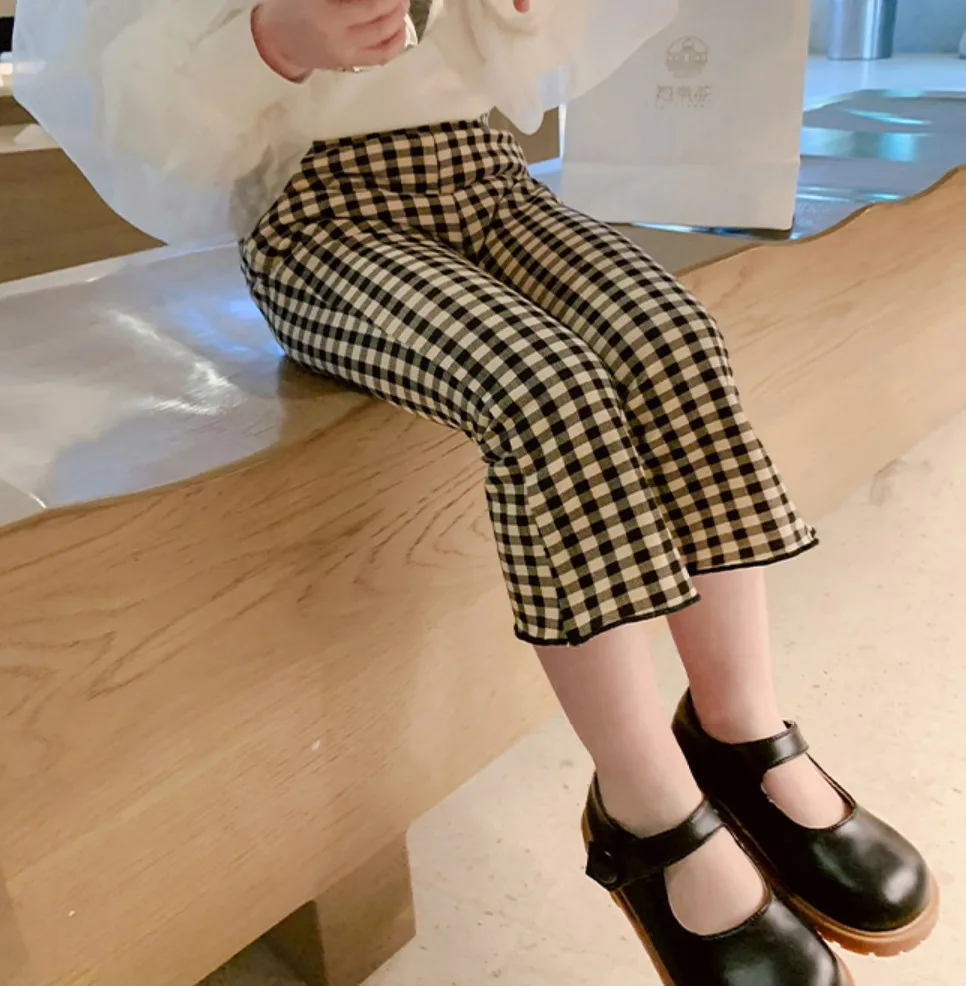 2022 Kids Baby Girl Pants Spring Autumn Black Plaid Elastic Flares Trousers Children Solid Leggings For 2-8Y