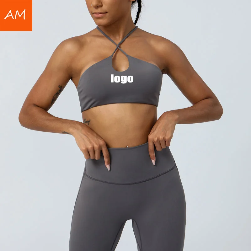 OEM Logo Thin Straps Fitness Yoga Bra Cross Back Padded Sports Bra Halter Neckline Bra For Women