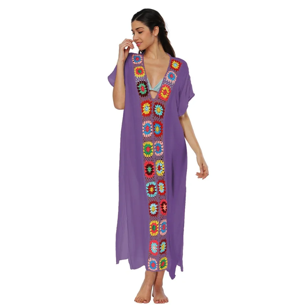 Wholesale Summer Granny Square Crochet Beach Maxi Long Dress Coverups Women Vestido Bohemio De Playa