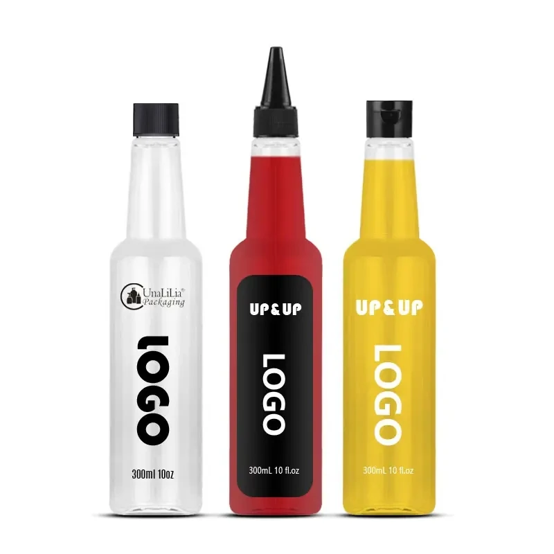 300ml 10oz Clear PET Plastic Squeeze Bottle for Kitchen Sauce Ketchup Liquor Long Neck Bottles Juice Container Packaging