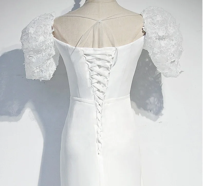 Elegant Short Sleeve Open Back Glass Crystals Beading Long Train Mermaid Wedding Dress white bridal gown