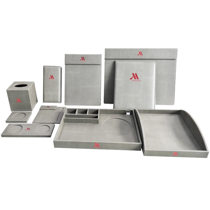 2021 new custom design gray faux pu leatherette leather amenities tray with electrical kettle and tea coffee sachetcompartment