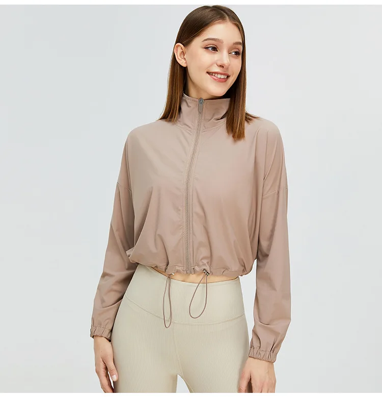 Trendy Hot American Clothing Zip Up Sleeve Sports Jacket Fitness Workout Slim Fit Pocket Jacket For Women