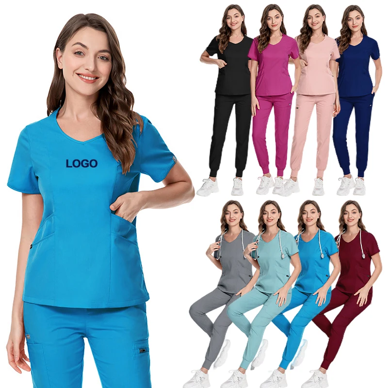 fashion 2022 wholesale vendors uniforms sets xs printed  nurse jogger tops medical dark fashion navy blue light pink scrubs