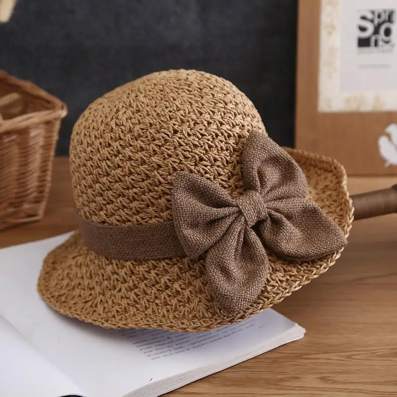 Straw hat women summer shade beach beach eaves too sun protection face simple shade small fresh bow hat