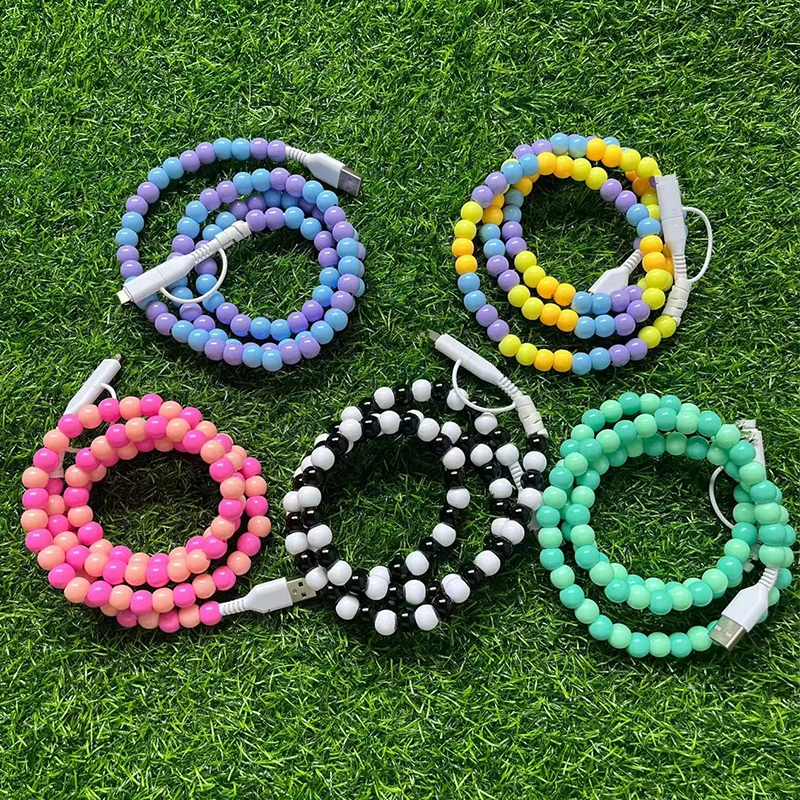 Креативный дизайн разноцветные бусины 2 в 1 USB-кабель для зарядки ручной работы акриловый бисером кабель передачи данных мобильного телефона