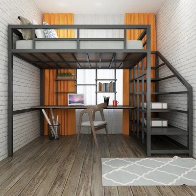 New Design Double Queen Size Heavy Duty Steel Metal Home Hotel Hostel Use Bed Adult With Wood Stair Bunk Bed