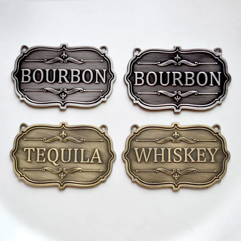 Modest luxurious style Custom zinc alloy Bottle Label metal logo metal sticker Adhesive metal wine label with chain
