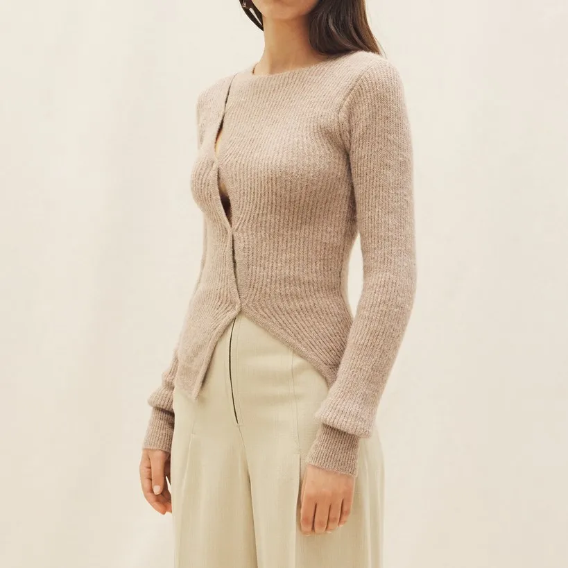 Kingsun OEM ODM на пуговицах на заказ трикотажные свитера из шерсти альпаки Асимметричный Приталенный кардиган с круглым вырезом