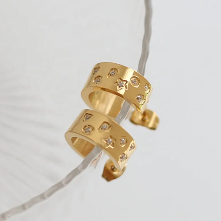  Inlay CZ Stone Star Design Earrings Minimalist Stud Huggies Classic Girls Accessories Jewelry Small Hoop Gold