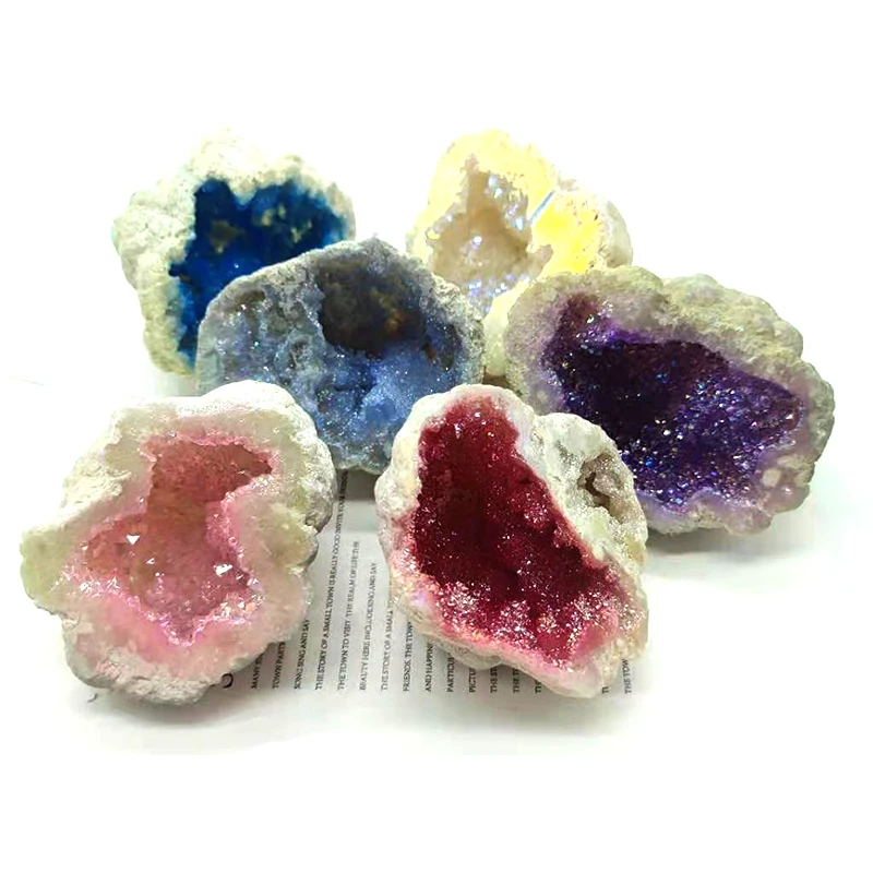 Wholesale High Quality Natural Agate Geode Electroplate Colorful Aura Angel Agate Crystal Rough Raw Stone Geode For Gift Of Sale