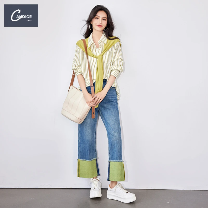 Candice French polo top fashion yellow knitted shawls stripe patchwork shirt