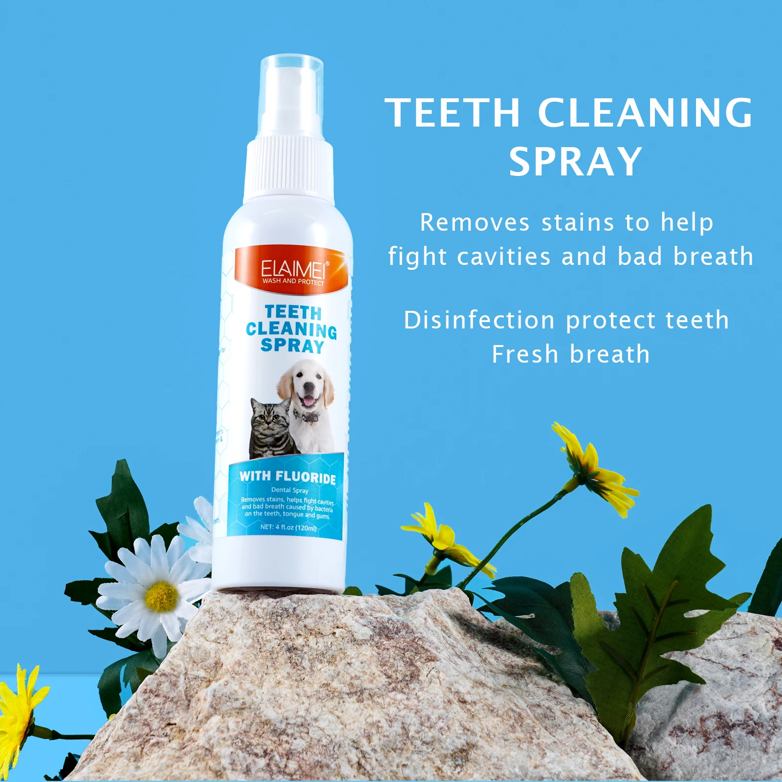 Custom Wholesale 120ml Pet Dental Gum Care Removes Stain Oral Fresh Teeth Cleaning Spray for Dogs and Cats with Fluoride