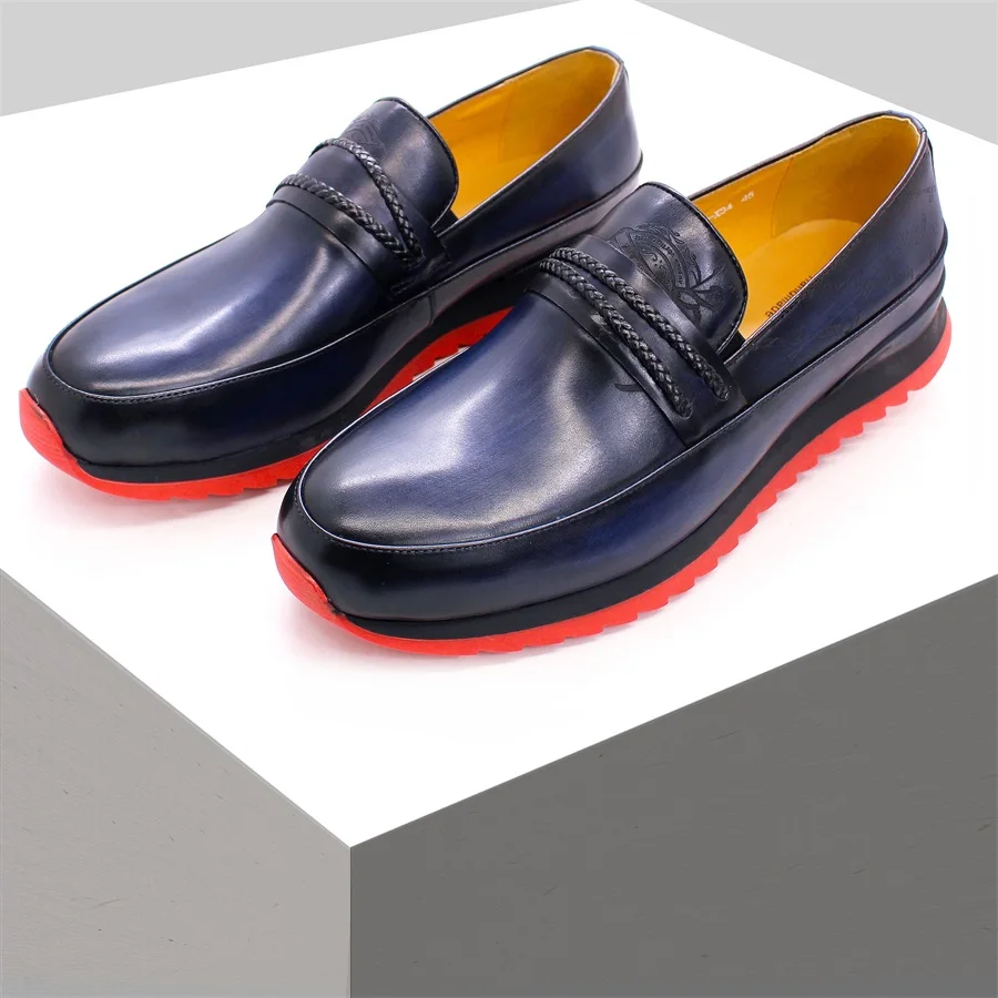 2022 Handmade Genuine Leather Italian Men Slip On Casual Dress Shoes  Laser print pattern Flat Red Sole Walking shoes