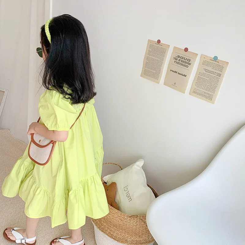 2021 New Fashion Kid  Toddler Girl Neon Green Ruffle Solid Dress for Summer 3-7T