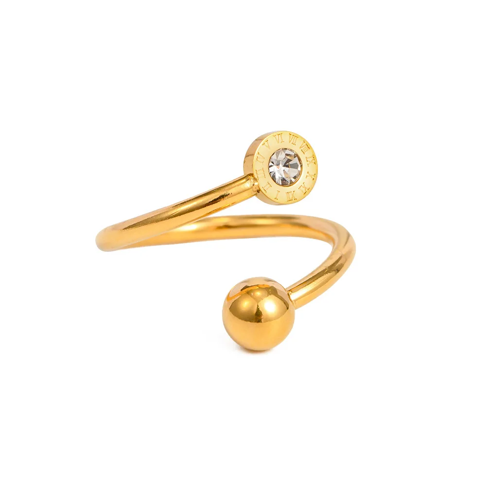 Upper And Lower Ball With 18K Gold Stainless Steel White Zircon Open Fashion Ring For Women