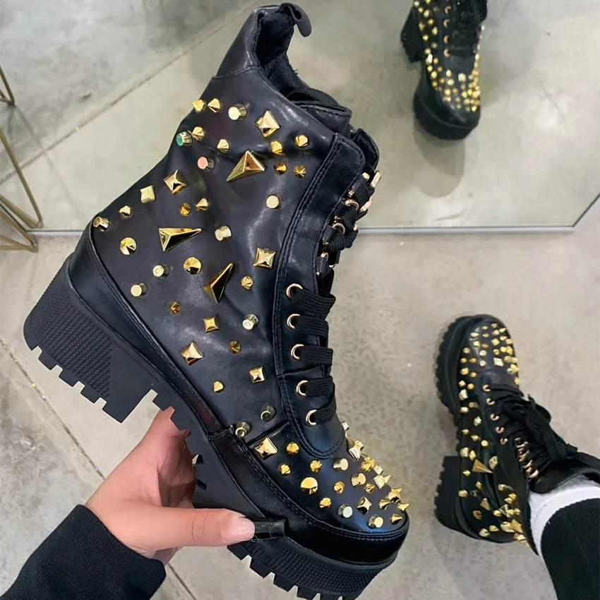 Fashion Metal Rivets Platform Booties Round Toe Thick Sole Lace Up Rivets Ankle Boots Comfortable Black Leather Lady Booties
