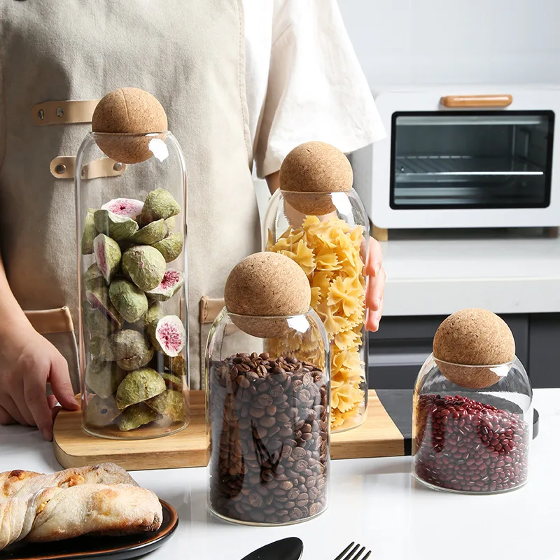 High Quality Kitchen Glass Round Storage Jar with Ball Cork Airtight Food Storage Containers for Spice Tea Cookie Candy