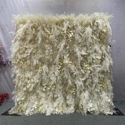 Promise Customized Long Drapery Cream White 3D Hairy Feather Flower Wall With Butterfly Orchid Roll Up Floral Wall