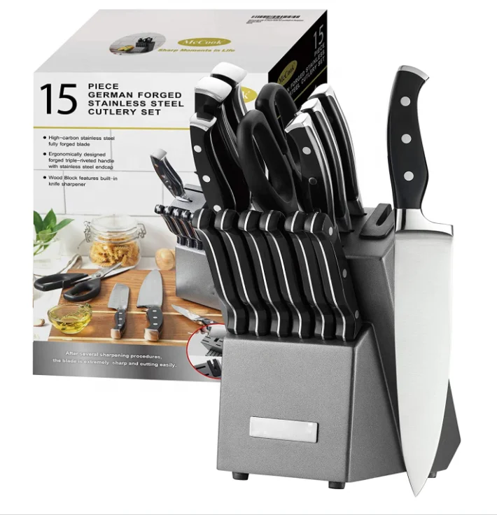 15 Pieces German Stainless Steel Kitchen Knife Block Set with Built-in Sharpener