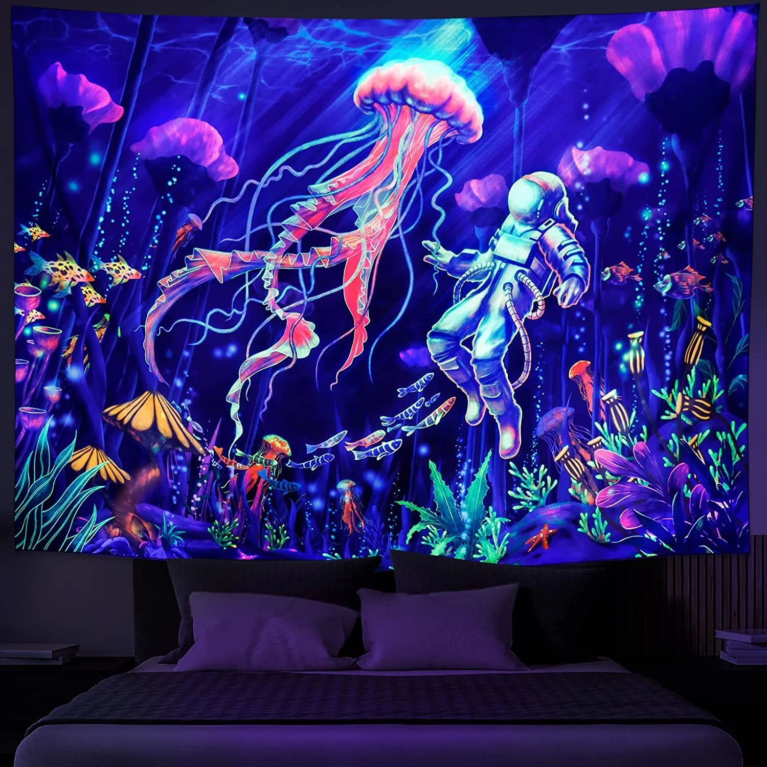 Custom Print Trippy Glow In The Dark Astronaut and Mushroom Forest Planet Blacklight Reactive UV Tapestry