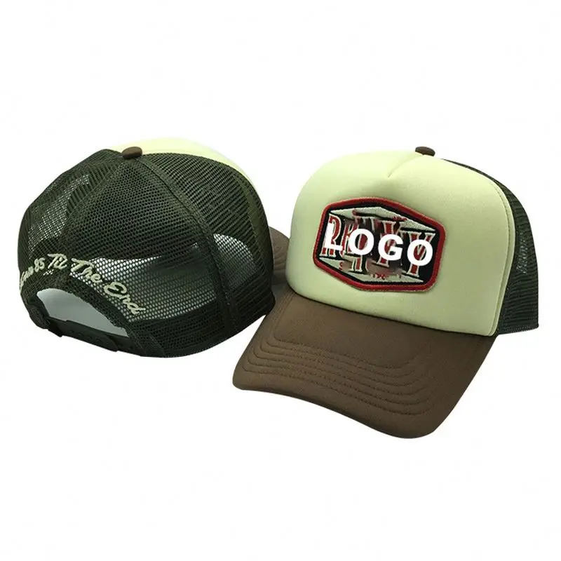 Wholesale orange cotton mesh trucker cap & hat with applique logo / thick stitchs/ bold thread