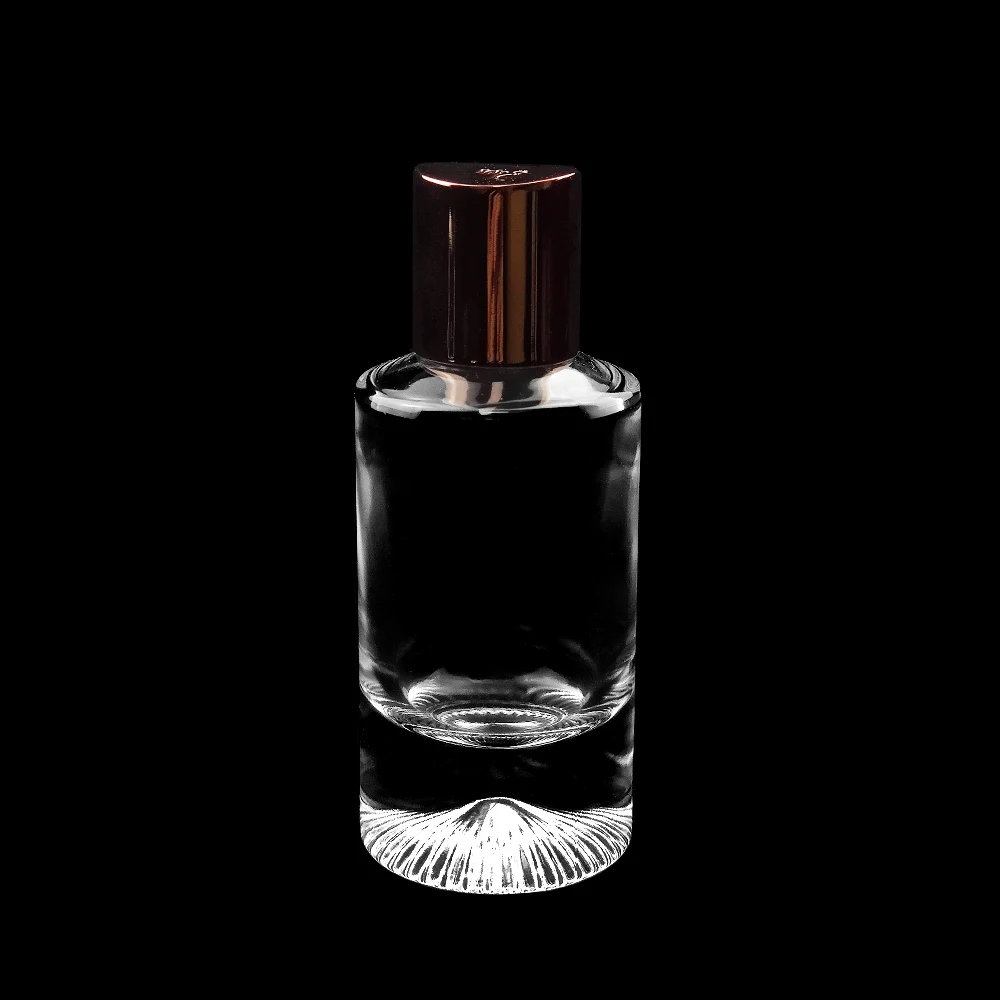 50ml special decorative cylinder shaped thick bottom empty spray cologne bottle with multi optional lids