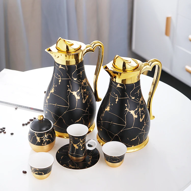 Deluxe black gold plated unique marbling ceramic cup saucer glass liner coffee pots luxury turkish arabian tea arabic coffee set