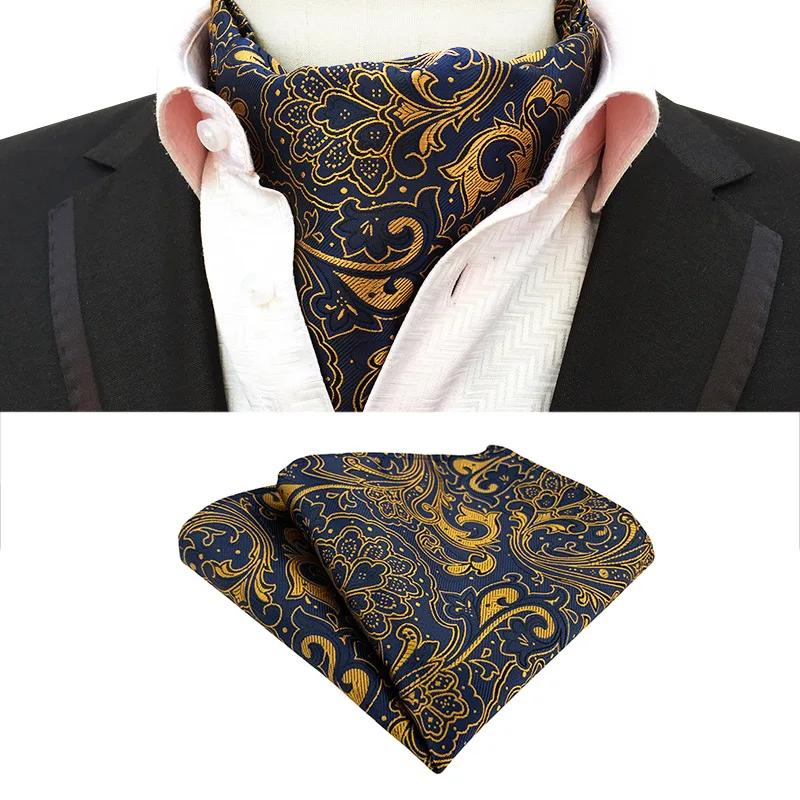Men Retro Jacquard Paisley Design Scarf Self Necktie Cravat Polyester Fabric Ascot Tie And Matching Pocket Square