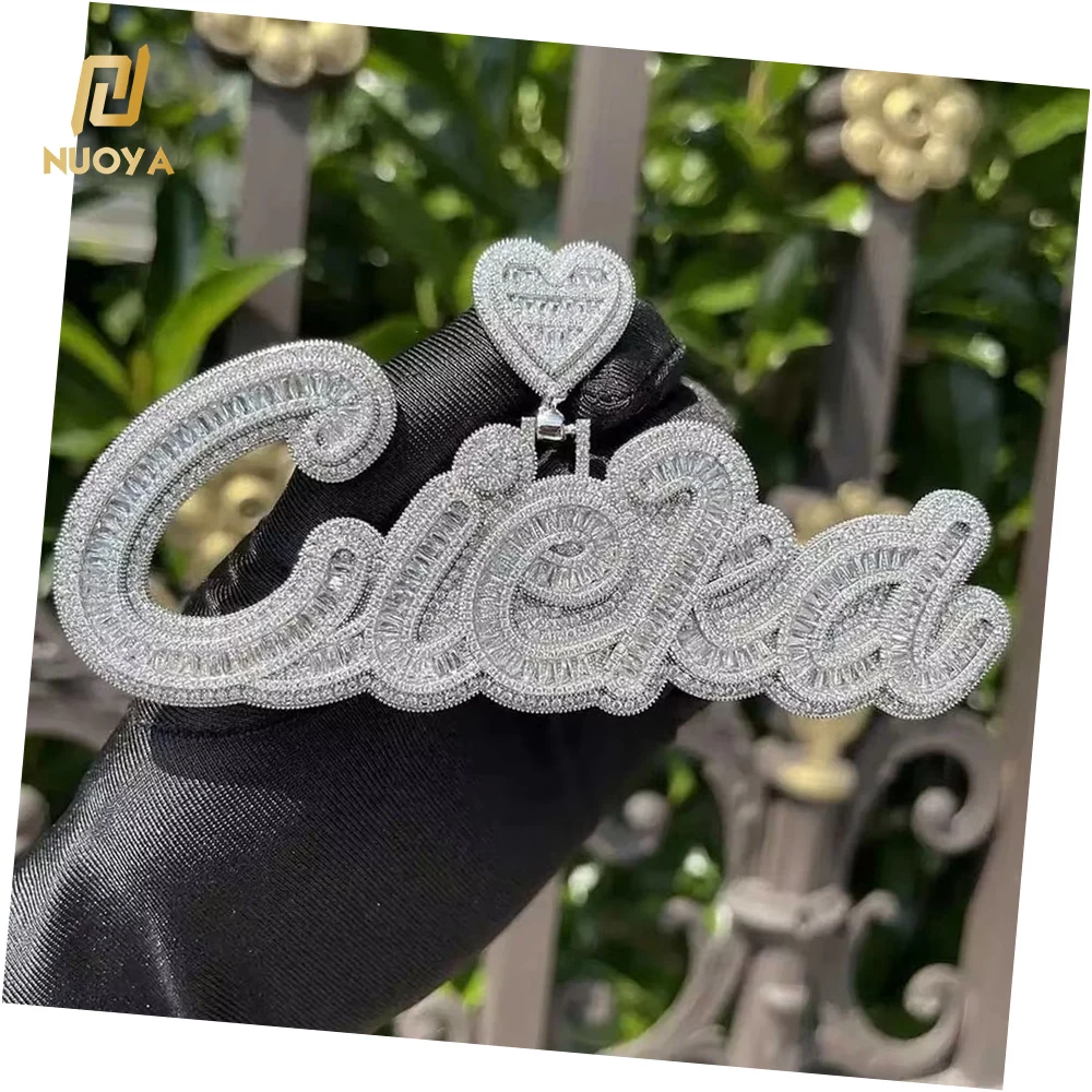 New Arrival Heart Hook Baguette Letter Pendant Square Cut CZ Stone Iced Out Diamond Custom Name Necklace